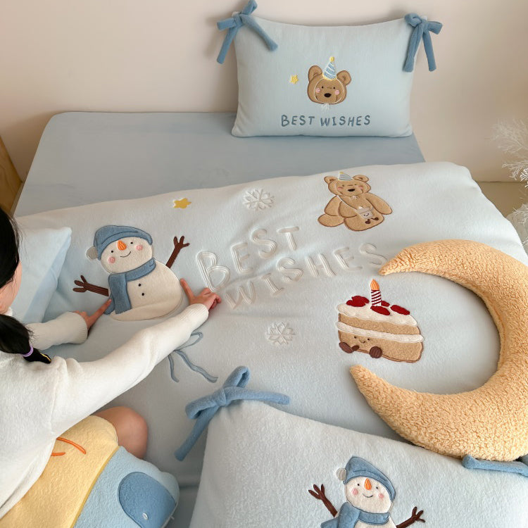 Winter Snowman Bear Thickened Cashmere Four-Piece Warm Milk Velvet Bed Set - Harmony Gallery