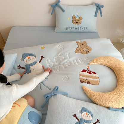 Winter Snowman Bear Thickened Cashmere Four-Piece Warm Milk Velvet Bed Set - Harmony Gallery