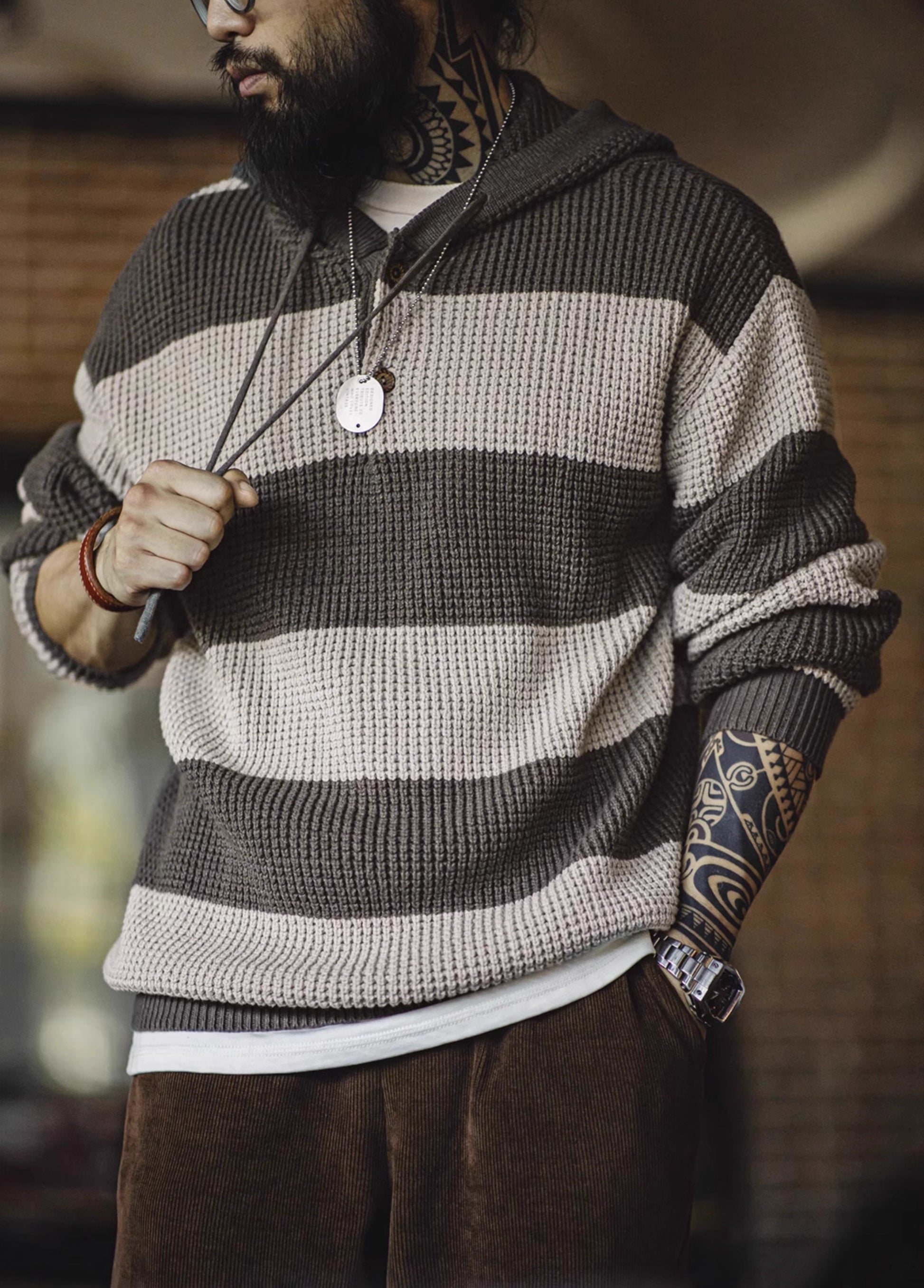 American Contrast Striped Hooded College Popularity Pullover Men's Sweater - Harmony Gallery