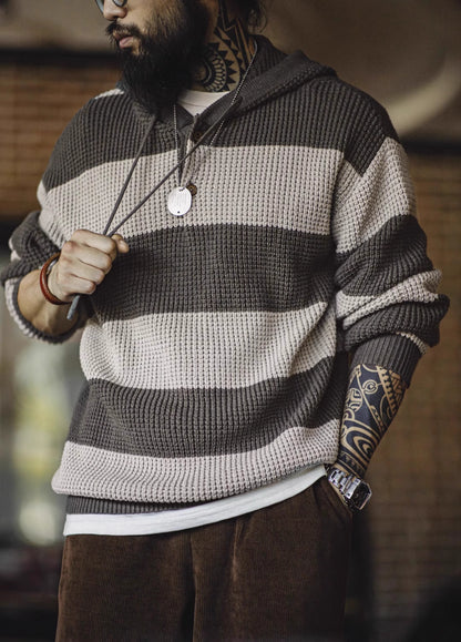 American Contrast Striped Hooded College Popularity Pullover Men's Sweater - Harmony Gallery
