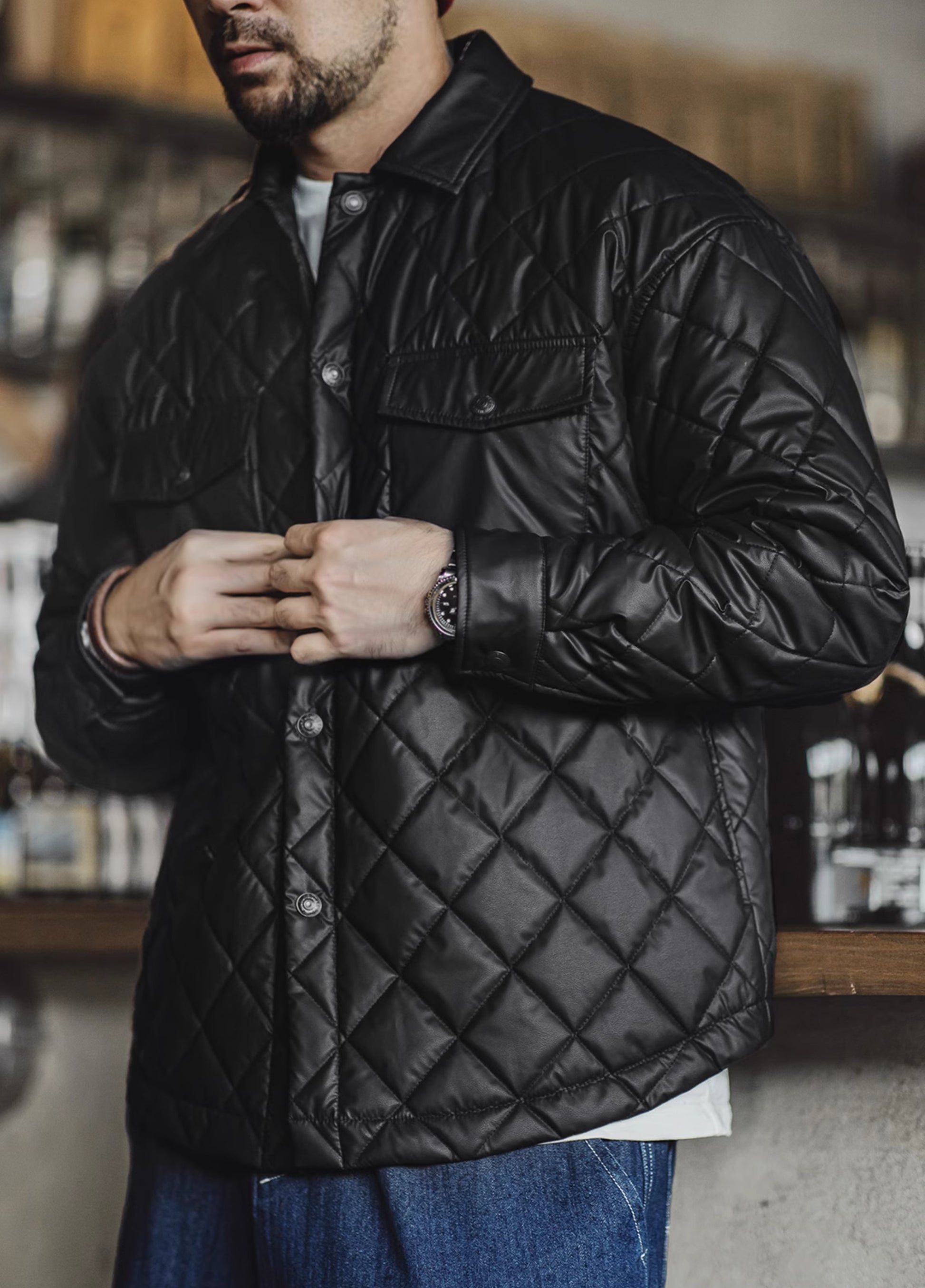 American Retro Quilted Diamond Check Keep Warm No Hood Men's Jacket - Harmony Gallery