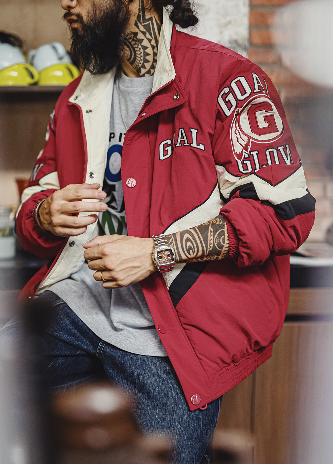 American Patchwork Racing With Red Collar Thickened Warm Cotton Men's Jacket - Harmony Gallery