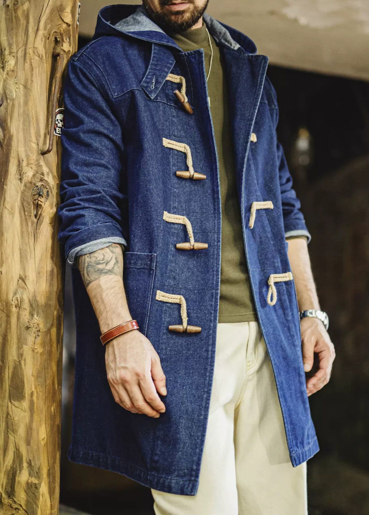 American Horn Button Hooded Windbreaker Mid-Length Denim Men's Coat