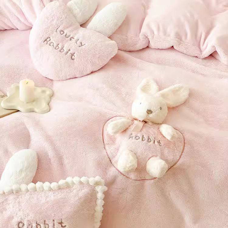 Cute Cartoon Rabbit Velvet Warm Double-Sided Four-Piece Bed Set - Harmony Gallery