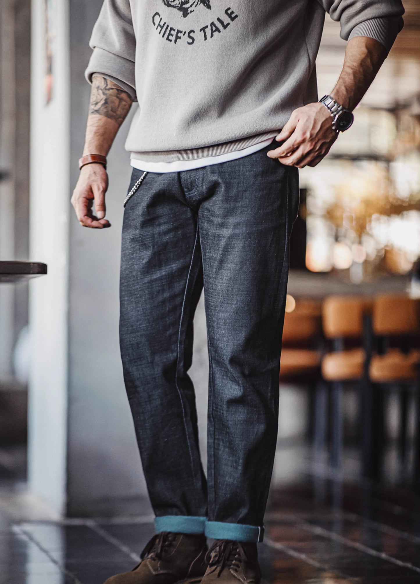 American Retro Pepper Salt Blue Raw Denim Straight Men's Jeans - Harmony Gallery