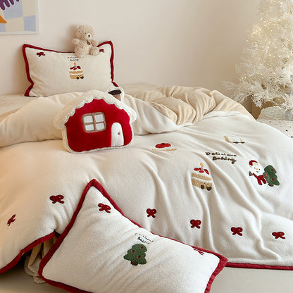Winter Creamy Cake Snowman Thickened Cashmere Four-Piece Fleece Bed Set - Harmony Gallery