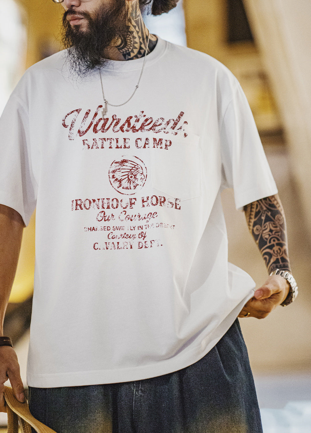 American Retro Distressed Letter Print  Drop Shoulder Thin  Men's T-Shirt