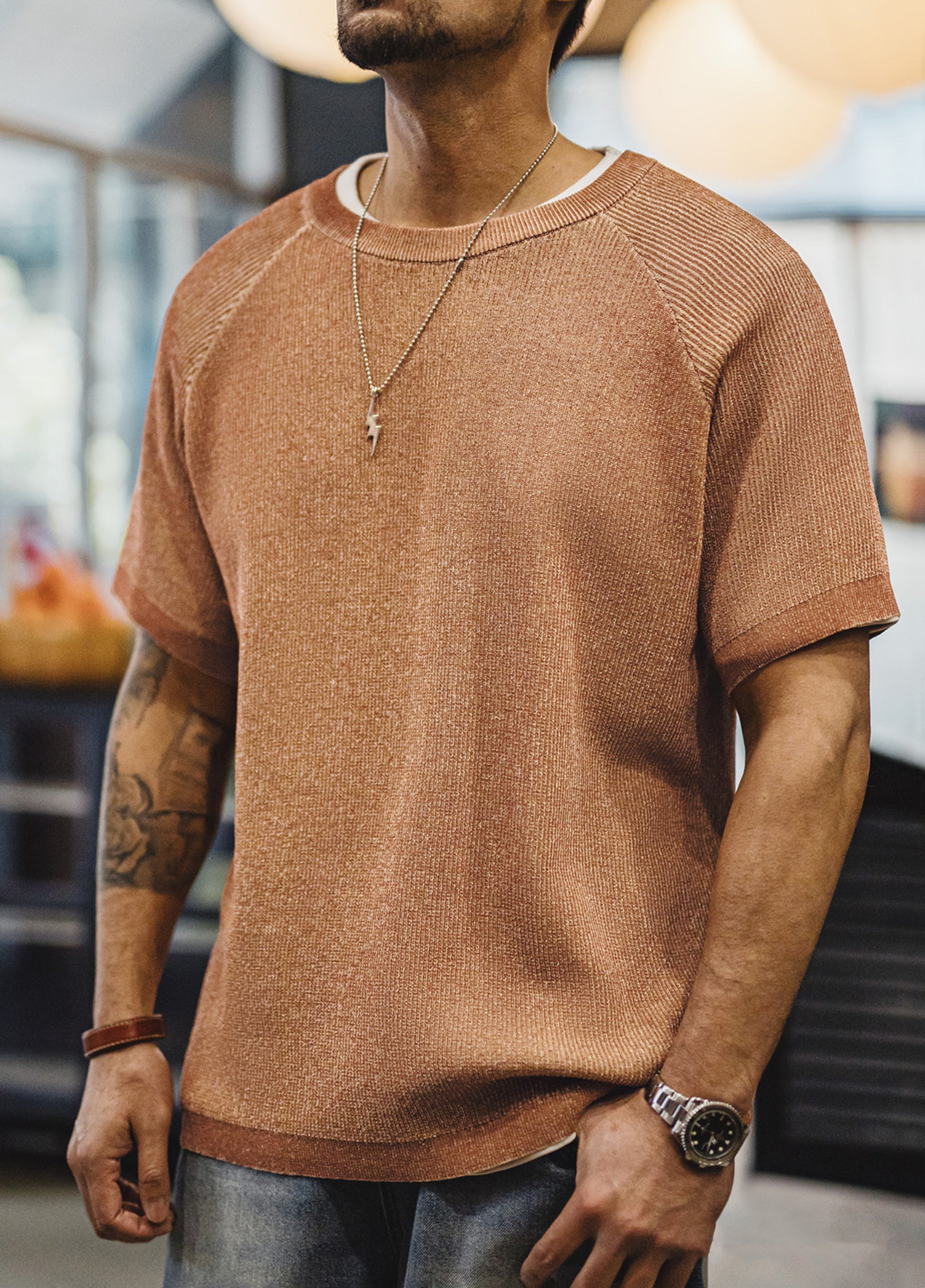 American Retro Gravel Orange Casual Loose Drape Thread Men's T-Shirt - Harmony Gallery