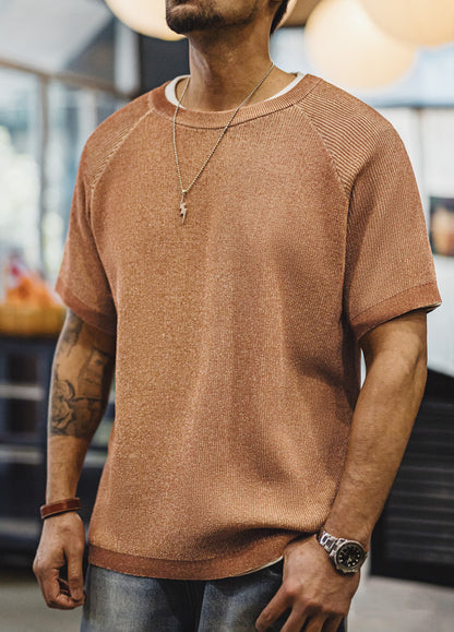 American Retro Gravel Orange Casual Loose Drape Thread Men's T-Shirt - Harmony Gallery