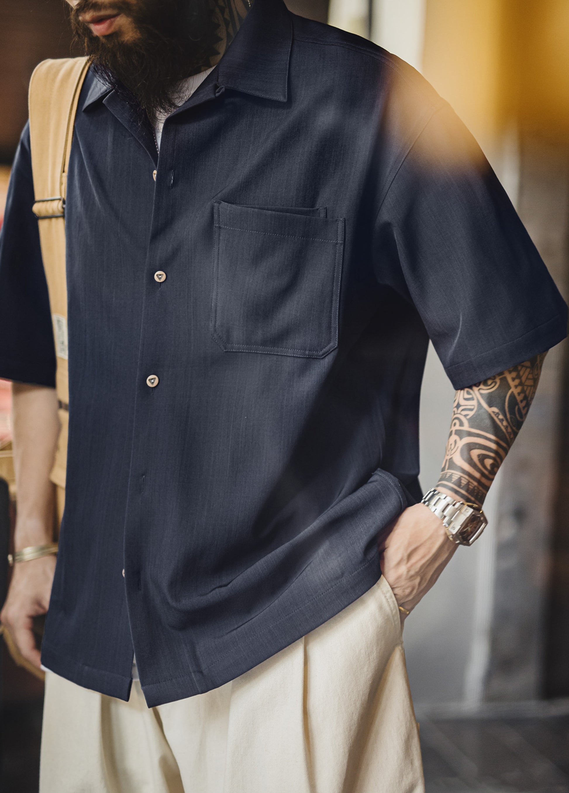 American Retro Collar Drape Clean Fit Short-Sleeved Daily Men's Shirt - Harmony Gallery
