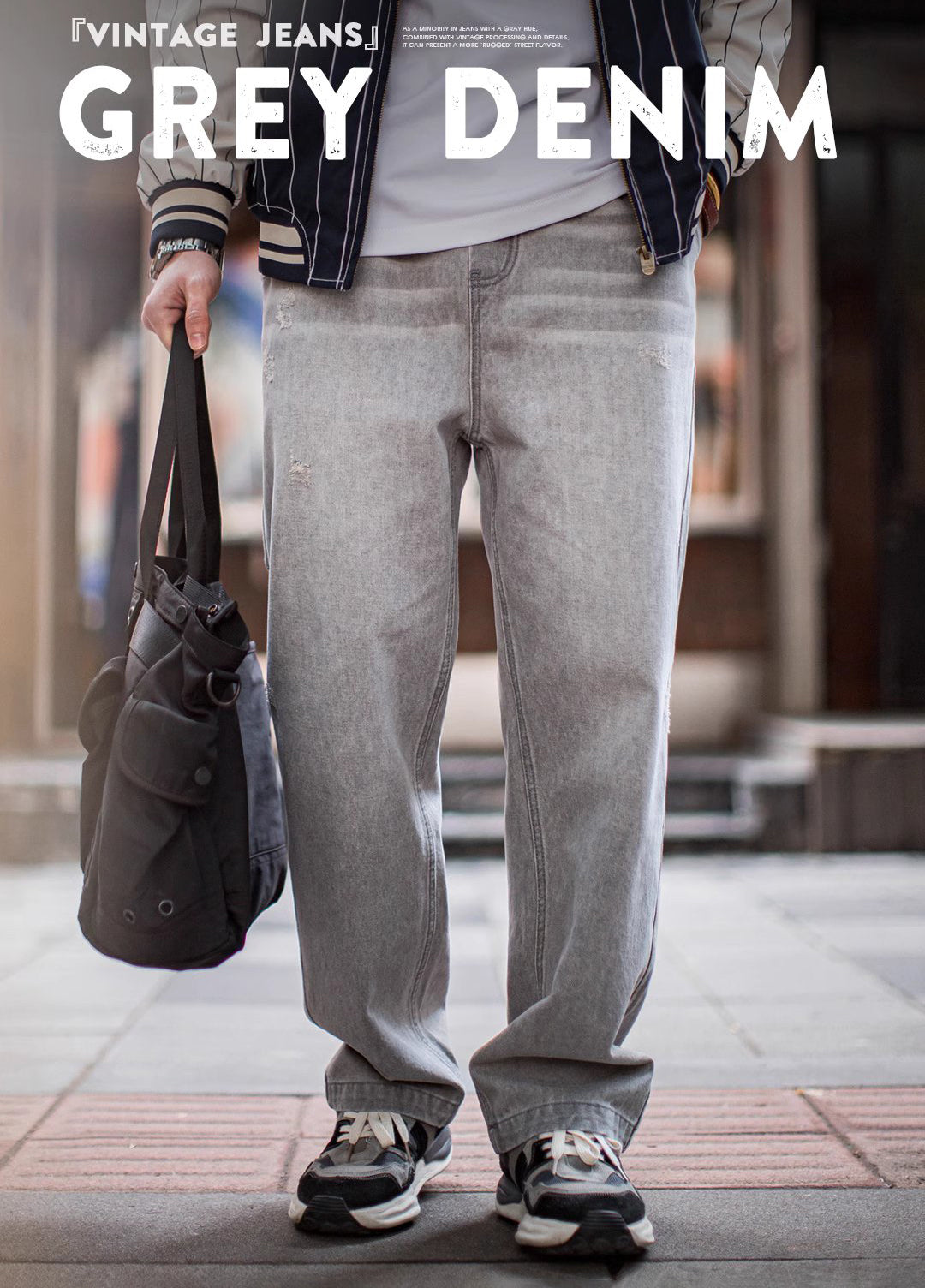 American Retro Washed Old Gray Ripped Cat Whisker Logging Men's Jeans - Harmony Gallery