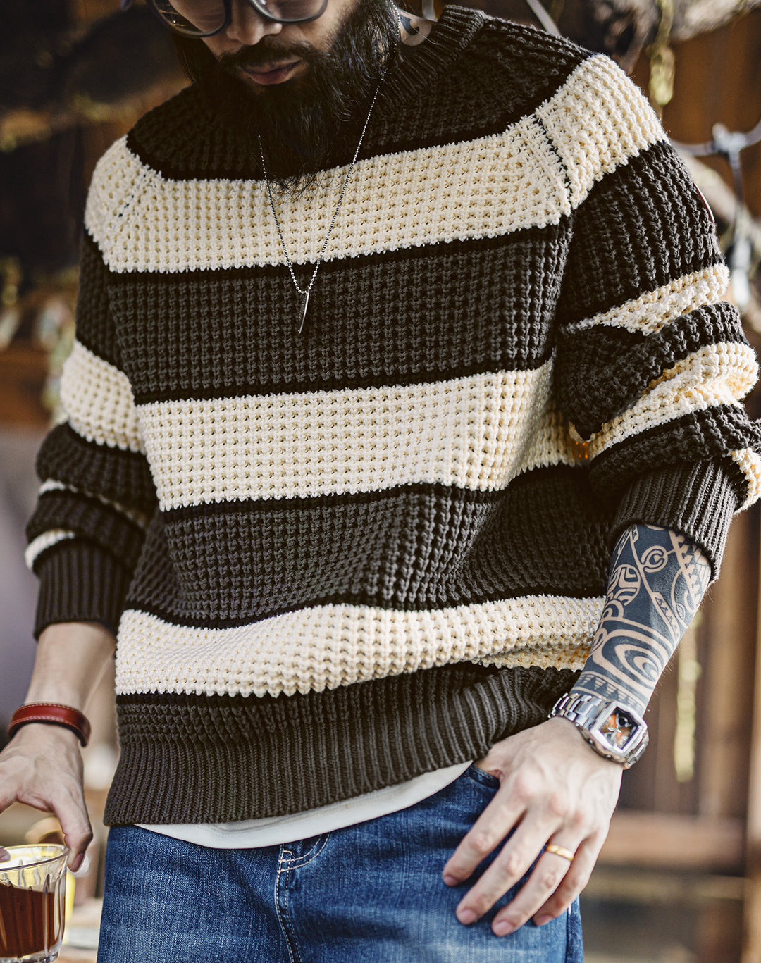 American Retro Contrast Color Pineapple Texture Pullover Men's Sweater - Harmony Gallery