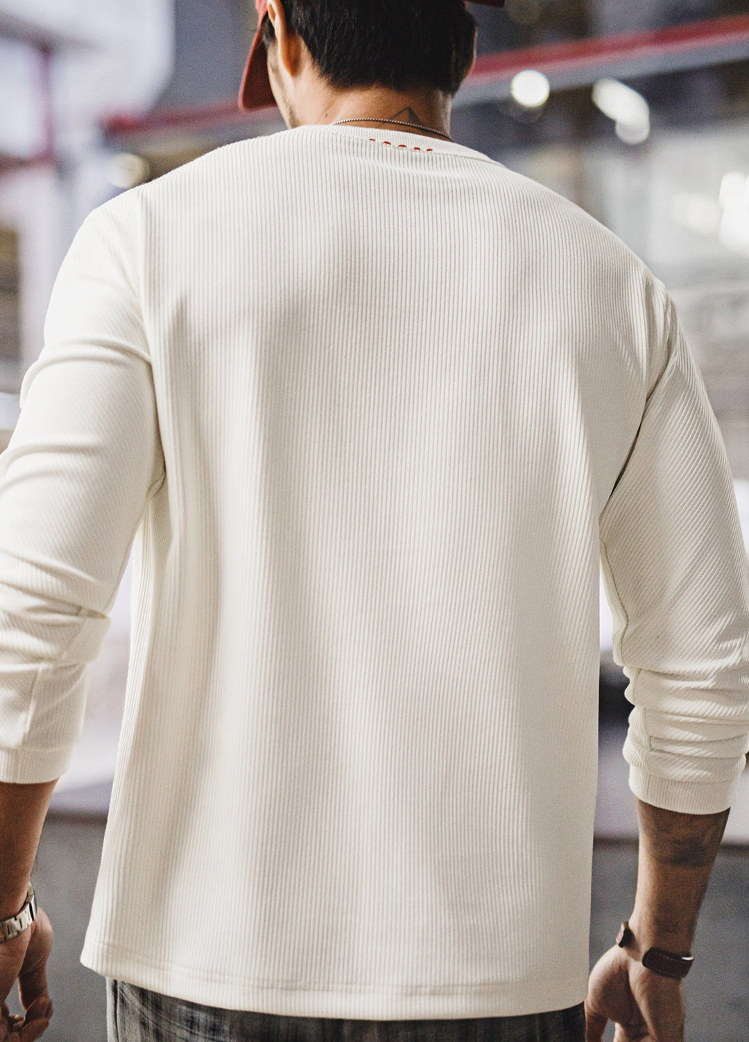 American Style 3D Groove Strip Base Layer Thin Knit Hoodless Men's Sweater