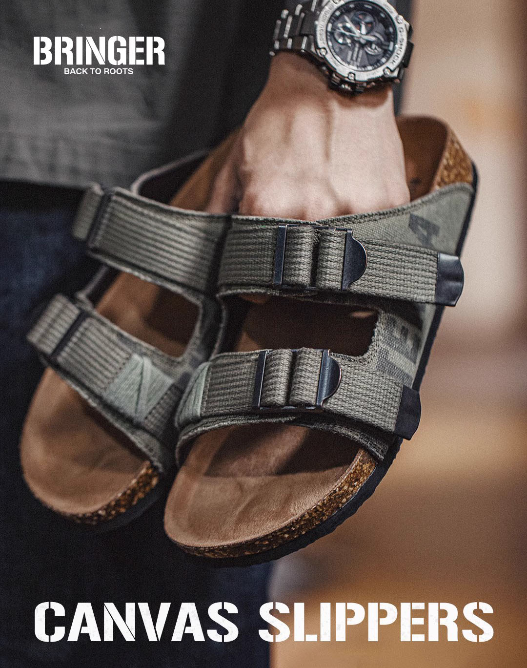 Outdoor Beach Retro Camouflage Canvas Cork Flip Flops Men's Sandal - Harmony Gallery