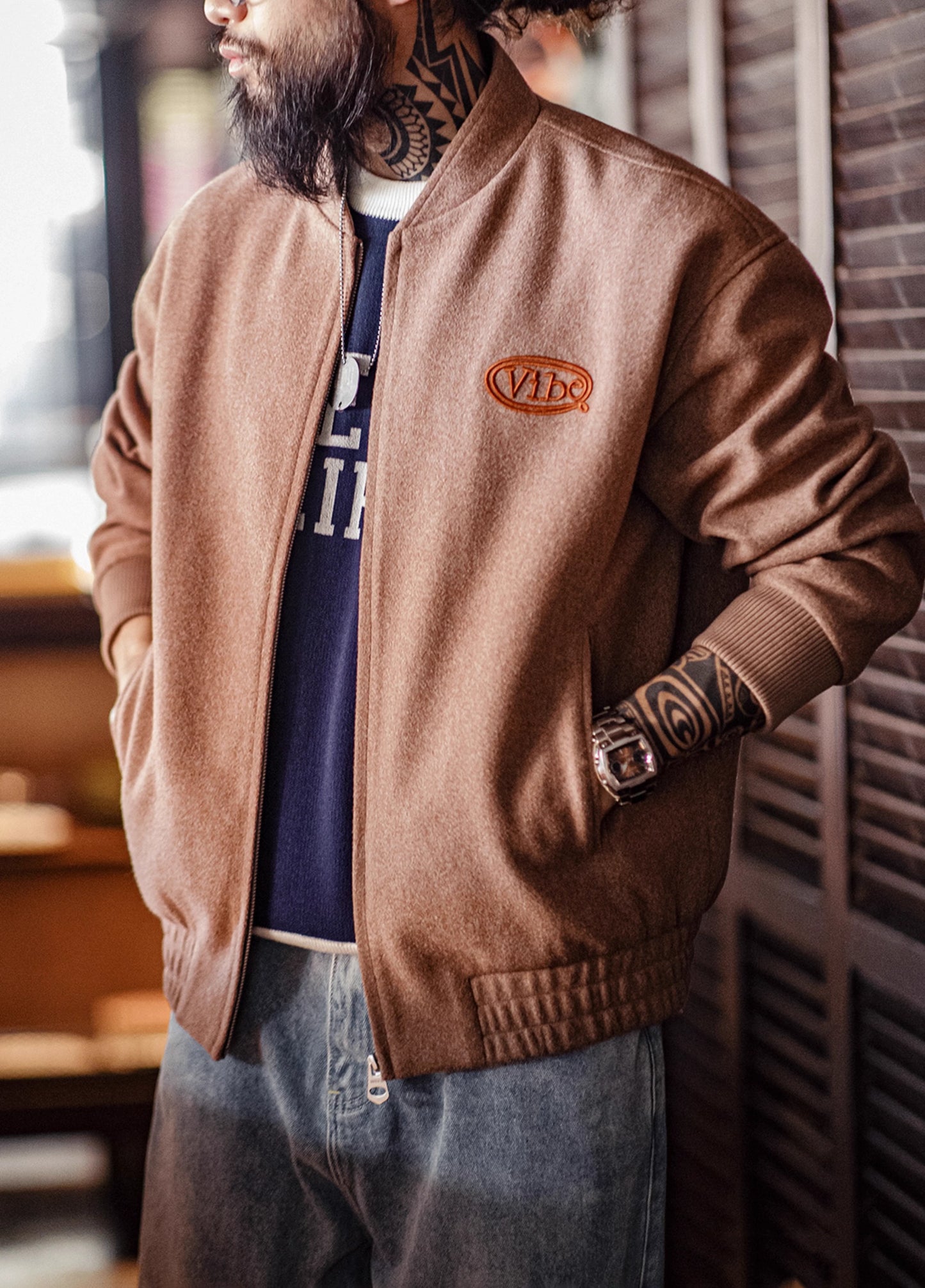 American Retro Woolen Baseball Embroidery Cuffed Sleeves Men's Jacket - Harmony Gallery