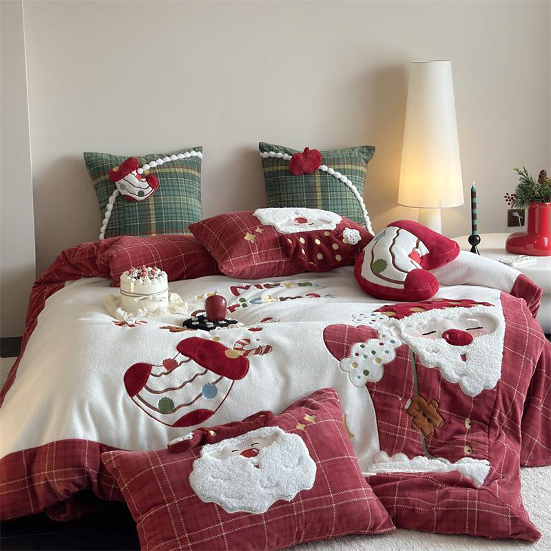 Christmas Wool Milk Velvet Four-Piece Winter Thick Warm Bed Set - Harmony Gallery