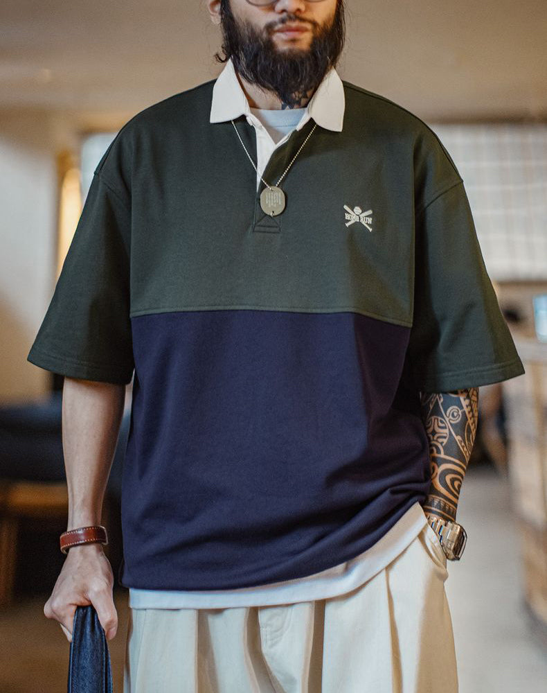 American Retro Stitching Contrast Color POLO College Embroidery Oversize Men's T-Shirt - Harmony Gallery