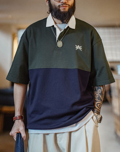 American Retro Stitching Contrast Color POLO College Embroidery Oversize Men's T-Shirt - Harmony Gallery