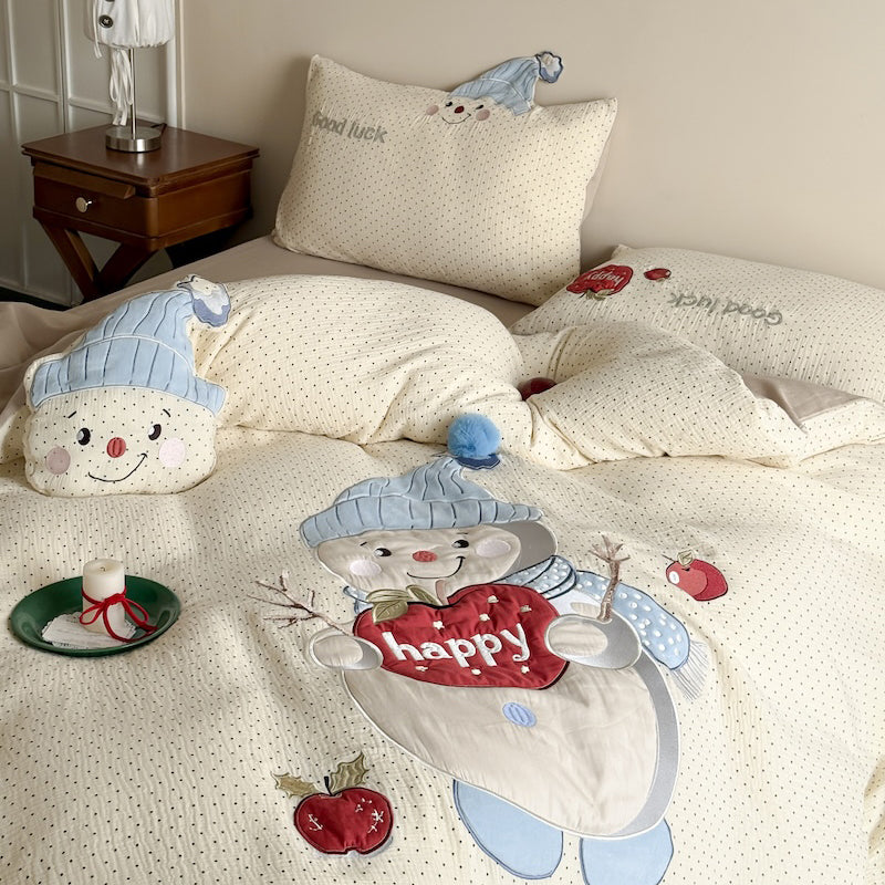 Cartoon Embroidered Breathable Double-Layer Ultra-Soft Four-Piece Bed Set