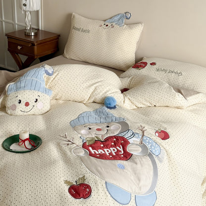 Cartoon Embroidered Breathable Double-Layer Ultra-Soft Four-Piece Bed Set