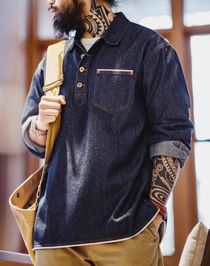 American Workwear Retro Denim Washed Pullover Men's Sweater - Harmony Gallery