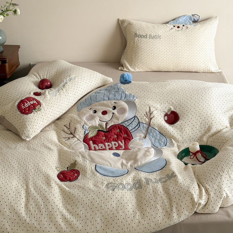 Cartoon Embroidered Breathable Double-Layer Ultra-Soft Four-Piece Bed Set