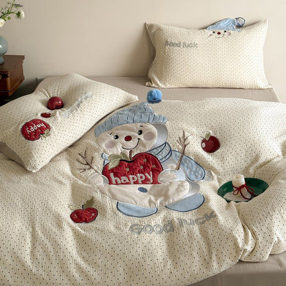 Cartoon Embroidered Breathable Double-Layer Ultra-Soft Four-Piece Bed Set