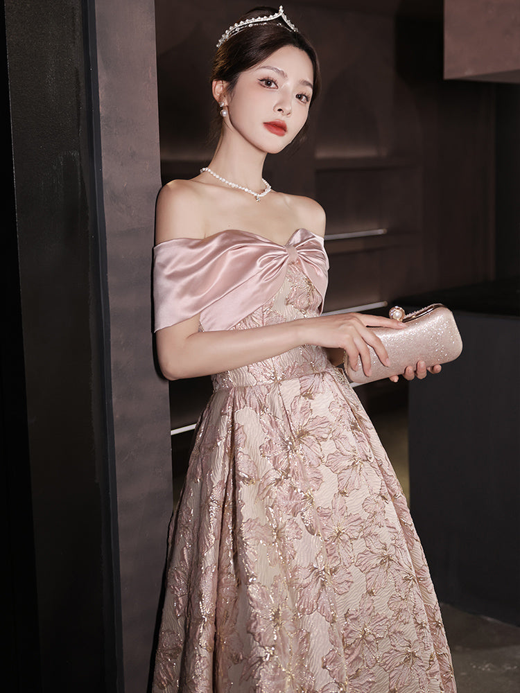 Elegant Pink Off-Shoulder Floral Embroidered Ball Gown - Harmony Gallery