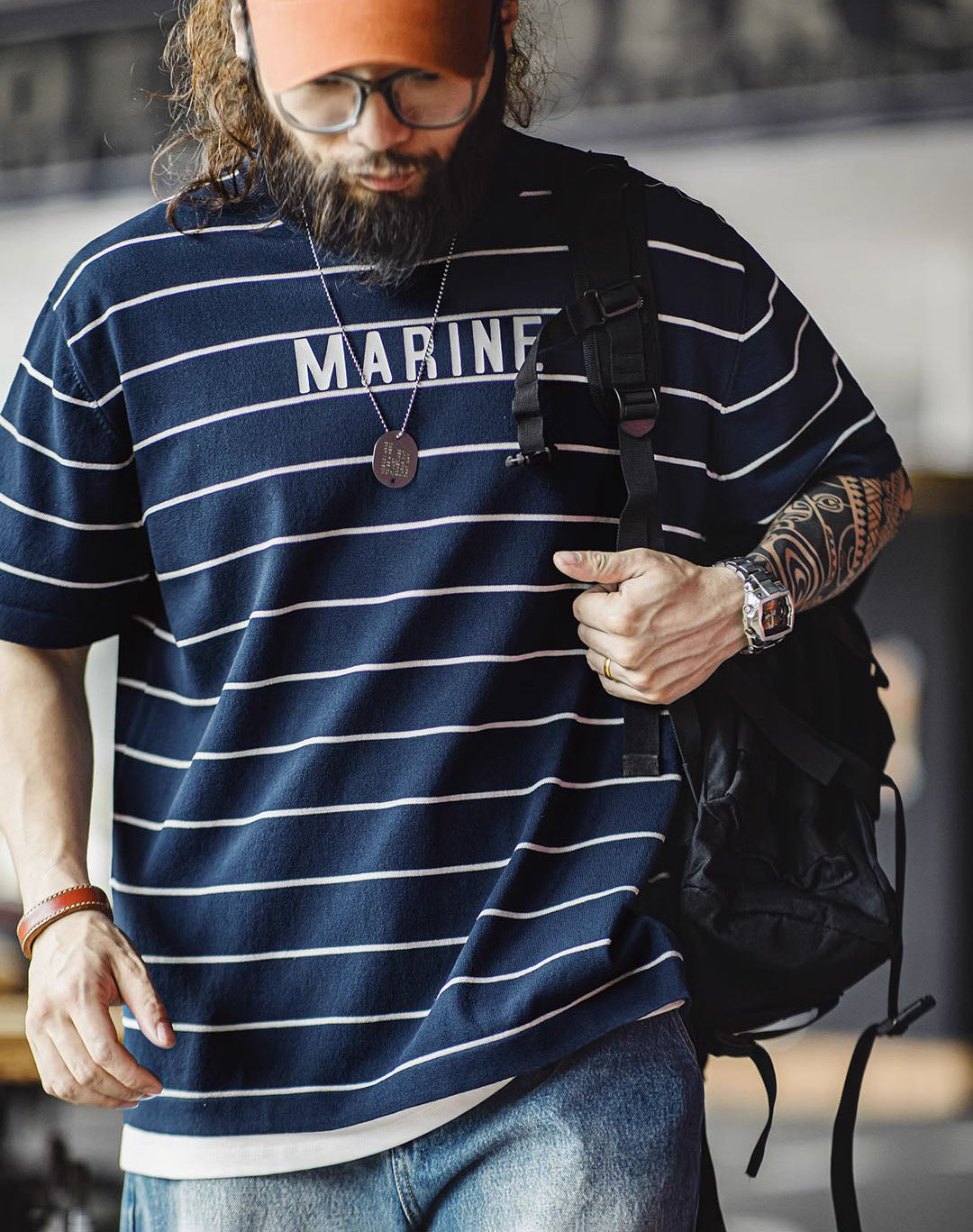 American Retro Contrast Letter Print Half-Sleeved Sailor Men's T-Shirt - Harmony Gallery