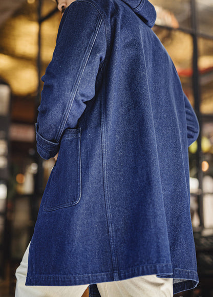 American Horn Button Hooded Windbreaker Mid-Length Denim Men's Coat