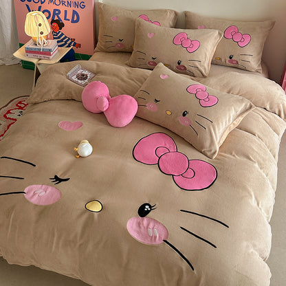Children's Hello Kitty Little Milk Fleece Cartoon Winter Four-Piece Bed Set - Harmony Gallery