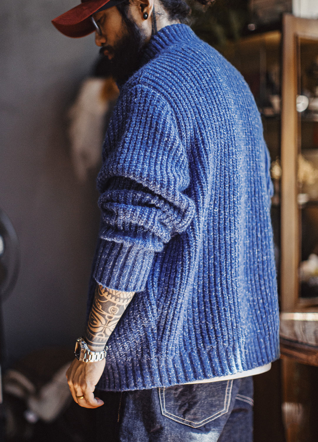 American Ice Blue Cardigan Thick High Neck Warm Knitwear Winter Men's Jacket - Harmony Gallery