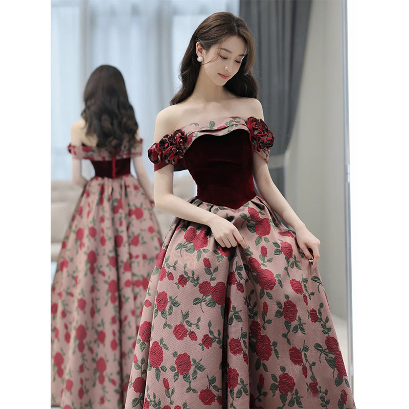 Vintage Rose Pattern Off-Shoulder Velvet Evening Gown - Harmony Gallery
