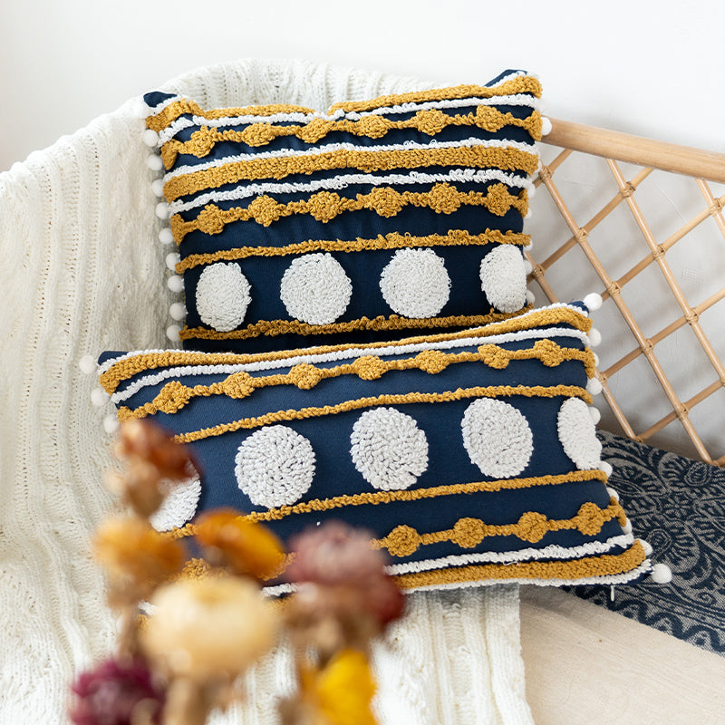 Nautical Charm Gold Accent Textured Throw Pillows with Pom-Pom Details - Harmony Gallery