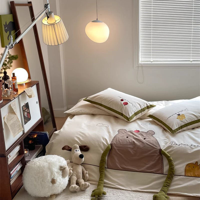 Cartoon Apple Hugging Bear Thickened Brushed Four-Piece Bed Set - Harmony Gallery