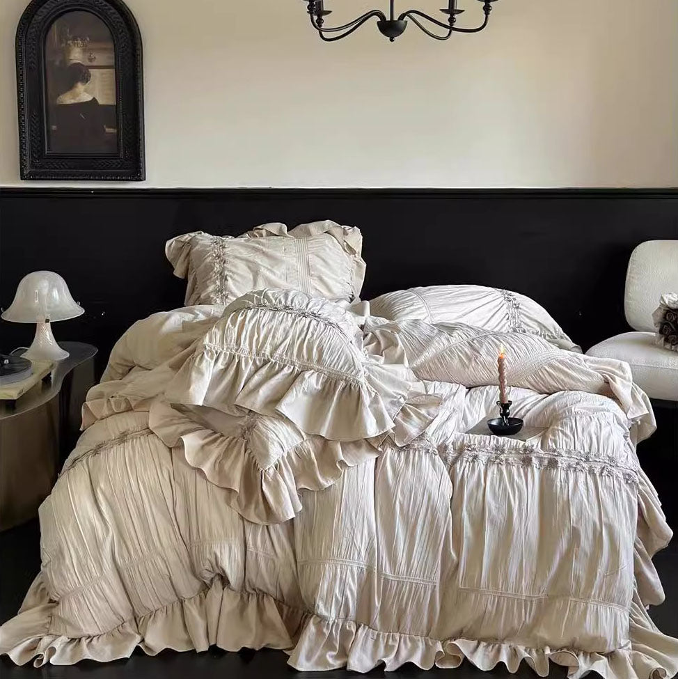 French Pleated Lace Washed Pure Cotton Four-Piece Bed Set - Harmony Gallery
