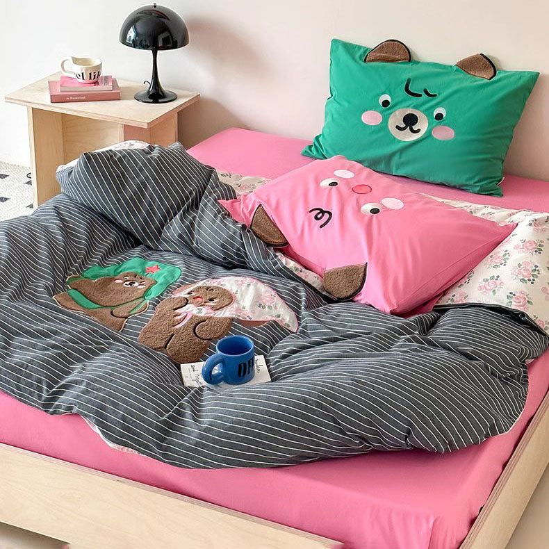 Cute Cartoon Creative Contrasting Color Washed Four-Piece Cotton Bed Set - Harmony Gallery