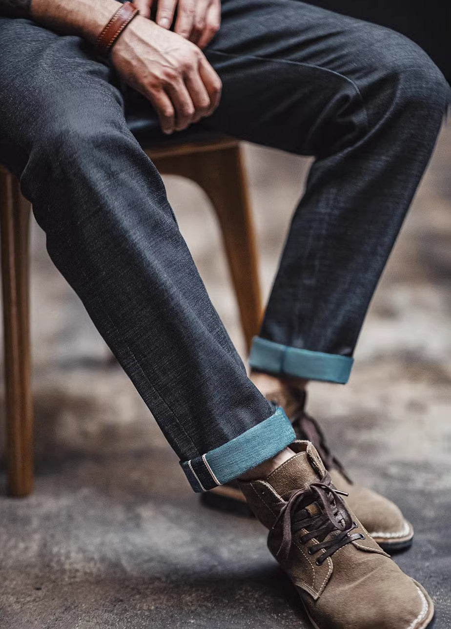 American Retro Pepper Salt Blue Raw Denim Straight Men's Jeans - Harmony Gallery