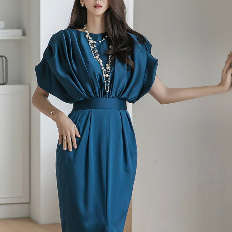 Chic Teal Dolman Sleeve Satin Midi Dress with Waist Belt - Harmony Gallery