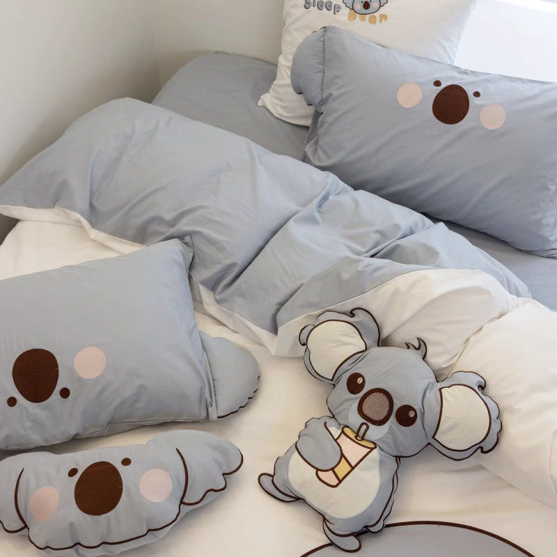 Cute Little Koala Cartoon Washed Four-Piece Pure Cotton Bed Set - Harmony Gallery