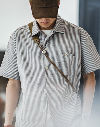 American Casual Pinstriped Lapel Half-Sleeved Men's Shirt - Harmony Gallery