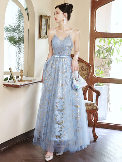 Charming Blue and Gold Spaghetti Strap A-Line Evening Gown with Tulle Skirt - Harmony Gallery