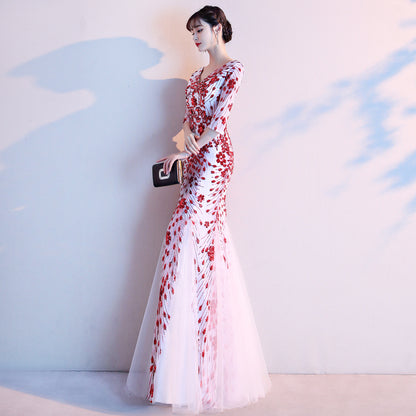 Stunning Red and White Floral Embroidered Mermaid Gown with V-Neck - Harmony Gallery