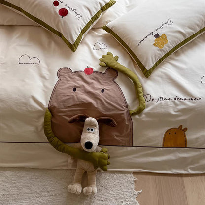 Cartoon Apple Hugging Bear Thickened Brushed Four-Piece Bed Set - Harmony Gallery