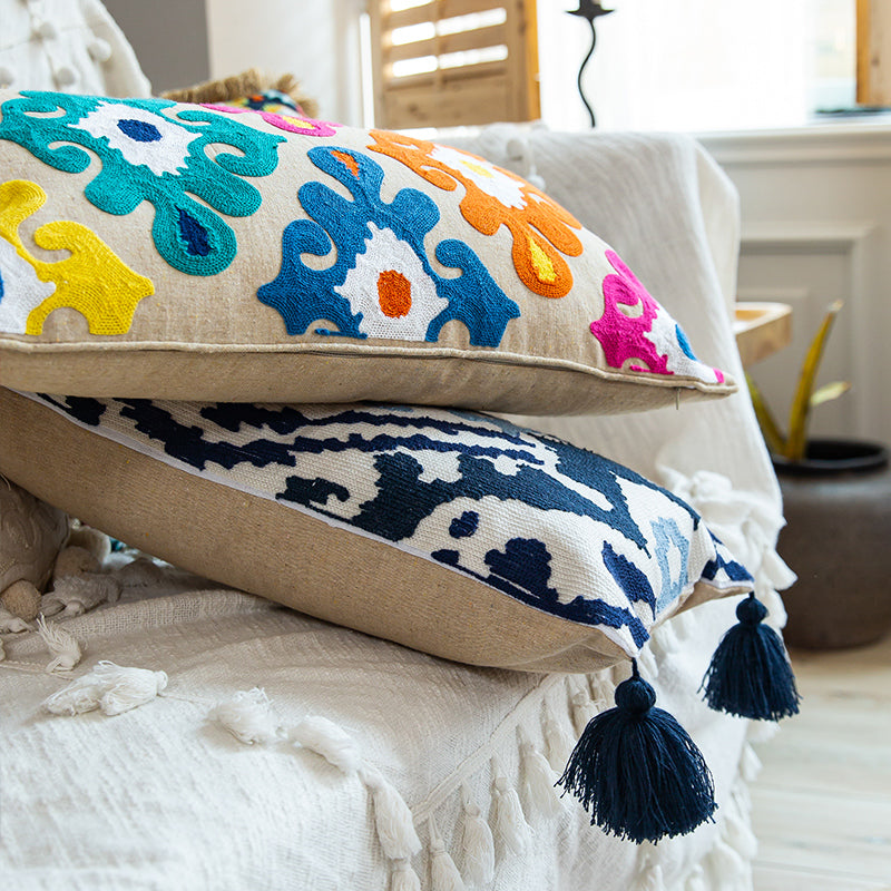 Vibrant Boho Fiesta Colorful Pom-Pom Embroidered Decorative Throw Pillows - Harmony Gallery