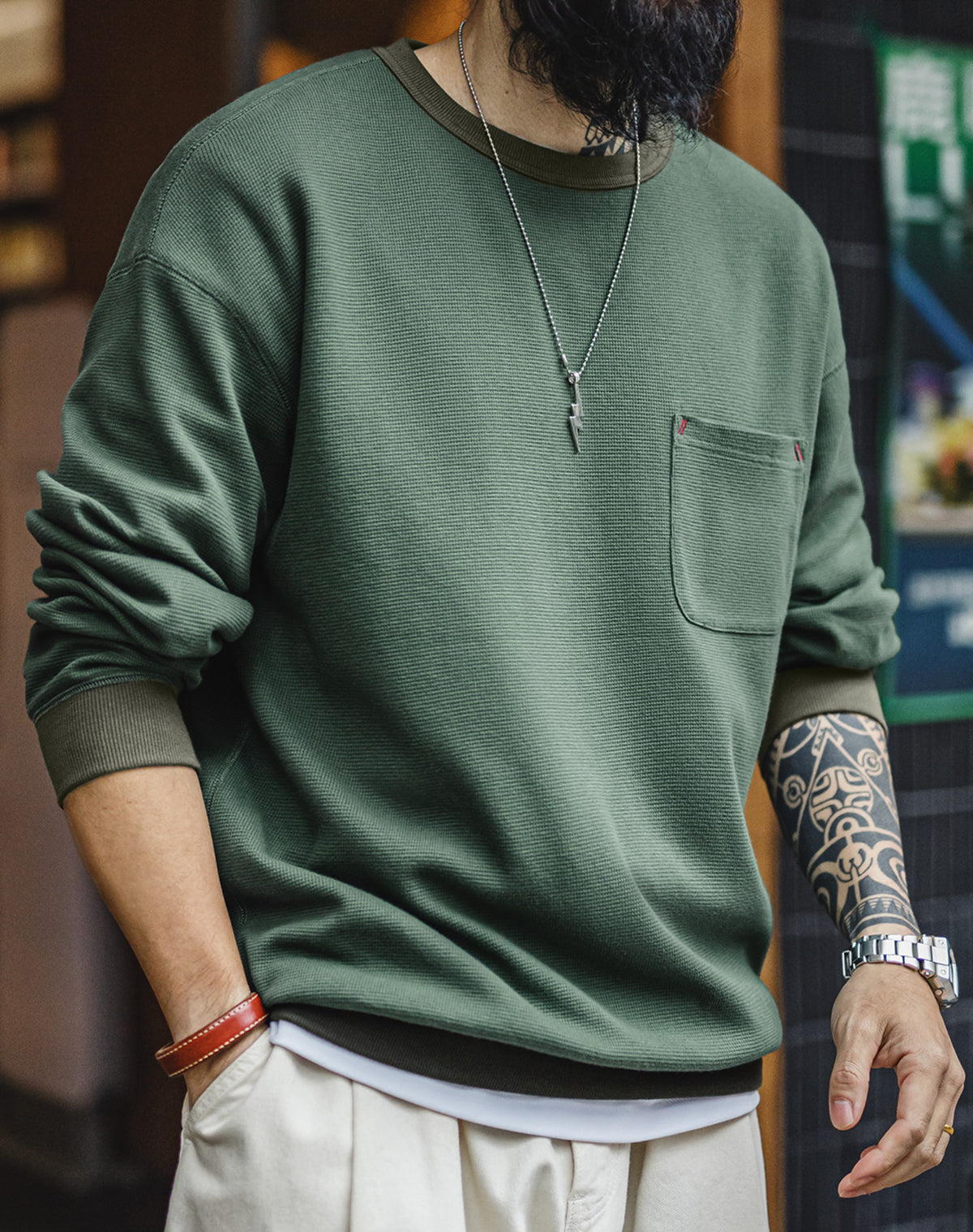 American Waffle Knitted Pocket Round Neck Loose Long-Sleeved Men's Sweater - Harmony Gallery