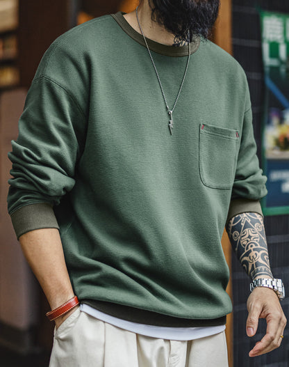 American Waffle Knitted Pocket Round Neck Loose Long-Sleeved Men's Sweater - Harmony Gallery