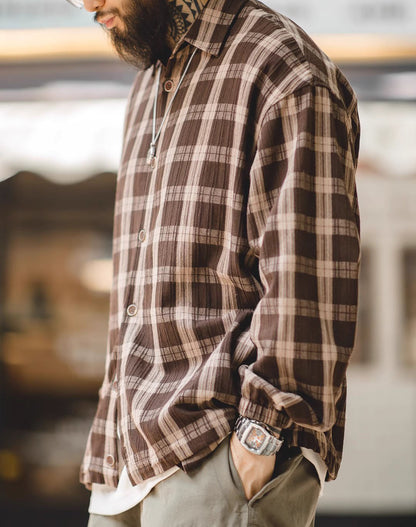 American Retro Plaid Texture Sense Drawstring Loose Men's Shirt - Harmony Gallery