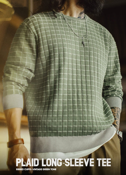 American Retro Vintage Plaid Crew Neck Knitted Pullover Men's Sweater