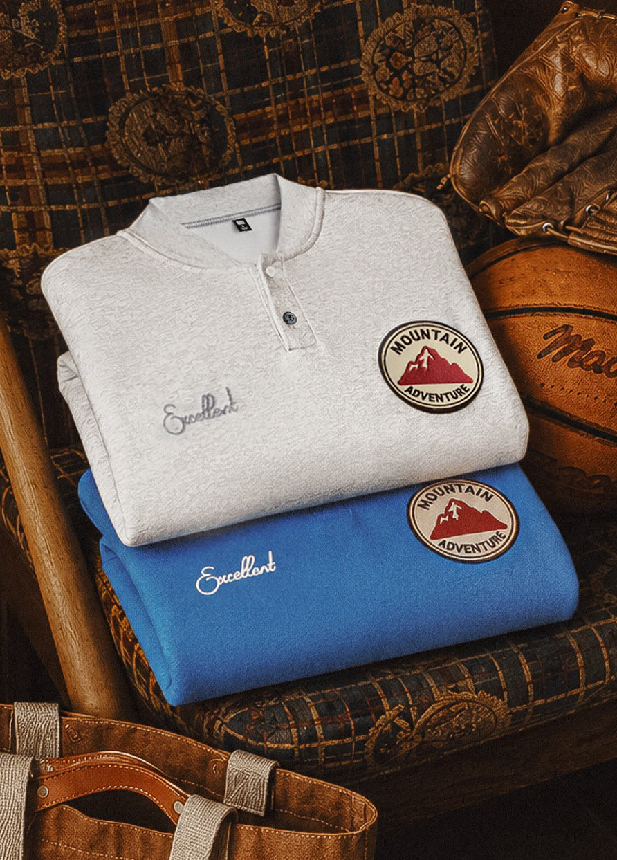 American Henley Collar Fleece-Lined Knitted Patch Embroidered Men's Sweater - Harmony Gallery
